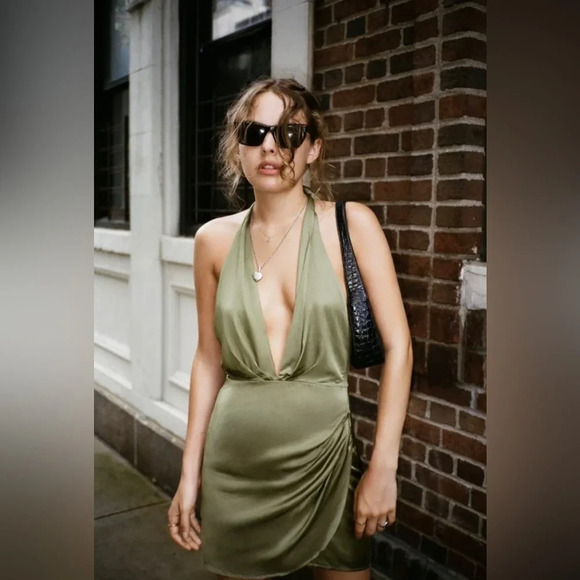 NWT Zara Green Satin Effect Halter Mini Dress